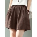 Cotton Solid Pocket Elastic Waist Casual Shorts