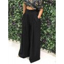 Women Pure Color High Elastic Waist Simple Wide Leg Pants With Pocket
