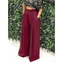 Women Pure Color High Elastic Waist Simple Wide Leg Pants With Pocket