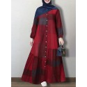 Women Grid Printed Button Down Front Elastic Cuff Bohemian O-Neck Maxi Shirt Dress