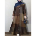 Women Grid Printed Button Down Front Elastic Cuff Bohemian O-Neck Maxi Shirt Dress