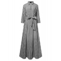 Women 100% Cotton Classical Striped Print Lapel Button Front Lace-Up Casual Shirt Dress