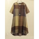 Women Vintage Plaid Print Button Front O-Neck Short Sleeve Loose Casual Shirt Dress With Pocket