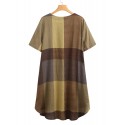Women Vintage Plaid Print Button Front O-Neck Short Sleeve Loose Casual Shirt Dress With Pocket