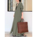 Women Retro Solid Color Turn-Down Collar Loose Casual Shirt Dress With Pocket
