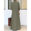 Women Retro Solid Color Turn-Down Collar Loose Casual Shirt Dress With Pocket