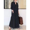 Women Retro Solid Color Turn-Down Collar Loose Casual Shirt Dress With Pocket