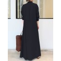 Women Retro Solid Color Turn-Down Collar Loose Casual Shirt Dress With Pocket