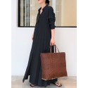 Women Retro Solid Color Turn-Down Collar Loose Casual Shirt Dress With Pocket