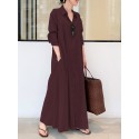 Women Retro Solid Color Turn-Down Collar Loose Casual Shirt Dress With Pocket