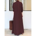 Women Retro Solid Color Turn-Down Collar Loose Casual Shirt Dress With Pocket