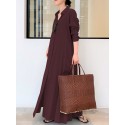 Women Retro Solid Color Turn-Down Collar Loose Casual Shirt Dress With Pocket