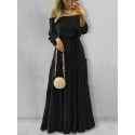 Women One Word Collar Puff Sleeve Elegant Solid Color Maxi Dress