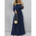 Women One Word Collar Puff Sleeve Elegant Solid Color Maxi Dress