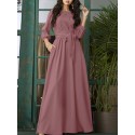 Solid Color Belted O-neck Lace Up Side Pocket 3/4 Sleeve Vintage Maxi Dress