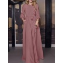 Solid Color Belted O-neck Lace Up Side Pocket 3/4 Sleeve Vintage Maxi Dress