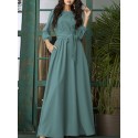 Solid Color Belted O-neck Lace Up Side Pocket 3/4 Sleeve Vintage Maxi Dress