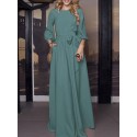 Solid Color Belted O-neck Lace Up Side Pocket 3/4 Sleeve Vintage Maxi Dress