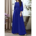 Solid Color Belted O-neck Lace Up Side Pocket 3/4 Sleeve Vintage Maxi Dress