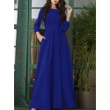 Solid Color Belted O-neck Lace Up Side Pocket 3/4 Sleeve Vintage Maxi Dress