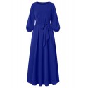 Solid Color Belted O-neck Lace Up Side Pocket 3/4 Sleeve Vintage Maxi Dress