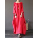 Women 100% Cotton Solid Baggy Pockets Summer Maxi Dress
