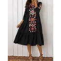 Ethnic Women V-neck Long Sleeve Floral Print Pleated Dress