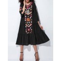 Ethnic Women V-neck Long Sleeve Floral Print Pleated Dress