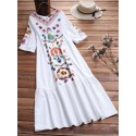 Ethnic Women V-neck Long Sleeve Floral Print Pleated Dress