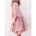 Women Petal Sleeve Irregular Ruffle Hem Pleated Button Casual Mini Dress