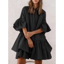 Women Petal Sleeve Irregular Ruffle Hem Pleated Button Casual Mini Dress