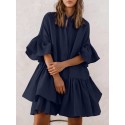 Women Petal Sleeve Irregular Ruffle Hem Pleated Button Casual Mini Dress