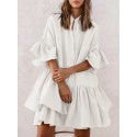 Women Petal Sleeve Irregular Ruffle Hem Pleated Button Casual Mini Dress