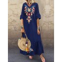 Bohemian Floral Print V-neck Flare Half Sleeve Beach Maxi Dress