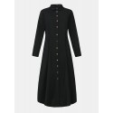 Women Basic Button Down Front Lapel Solid Color Long Sleeve Shirt Dress