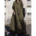 Women Solid Color Turn-down Collar Long Sleeve Button Casual Shirt Dresses