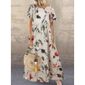 Vintage Floral Print Short Sleeve Loose Casual Maxi Dress