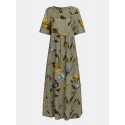 Vintage Floral Print Short Sleeve Loose Casual Maxi Dress