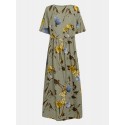 Vintage Floral Print Short Sleeve Loose Casual Maxi Dress