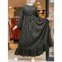 Women Ditsy Floral Print Ruffle Hem Swing Kaftan Maxi Dresses With Belt