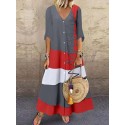 Multicolor Patchwork V Neck Button Maxi Dress