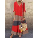 Multicolor Patchwork V Neck Button Maxi Dress