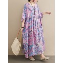 Casual Floral Printed Loose Fit O-Neck Maxi Dress For Women