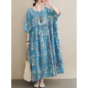 Casual Floral Printed Loose Fit O-Neck Maxi Dress For Women