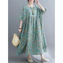 Casual Floral Printed Loose Fit O-Neck Maxi Dress For Women