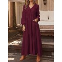 Women Solid Color V-neck Long Sleeve Causal Maxi Dress