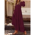 Women Solid Color V-neck Long Sleeve Causal Maxi Dress