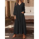 Women Solid Color V-neck Long Sleeve Causal Maxi Dress