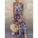 Women Retro O-neck Floral Print Sleeveless Maxi Dress