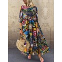 Women Retro Graffiti Print Round Neck Pleated Casual Maxi Dresses